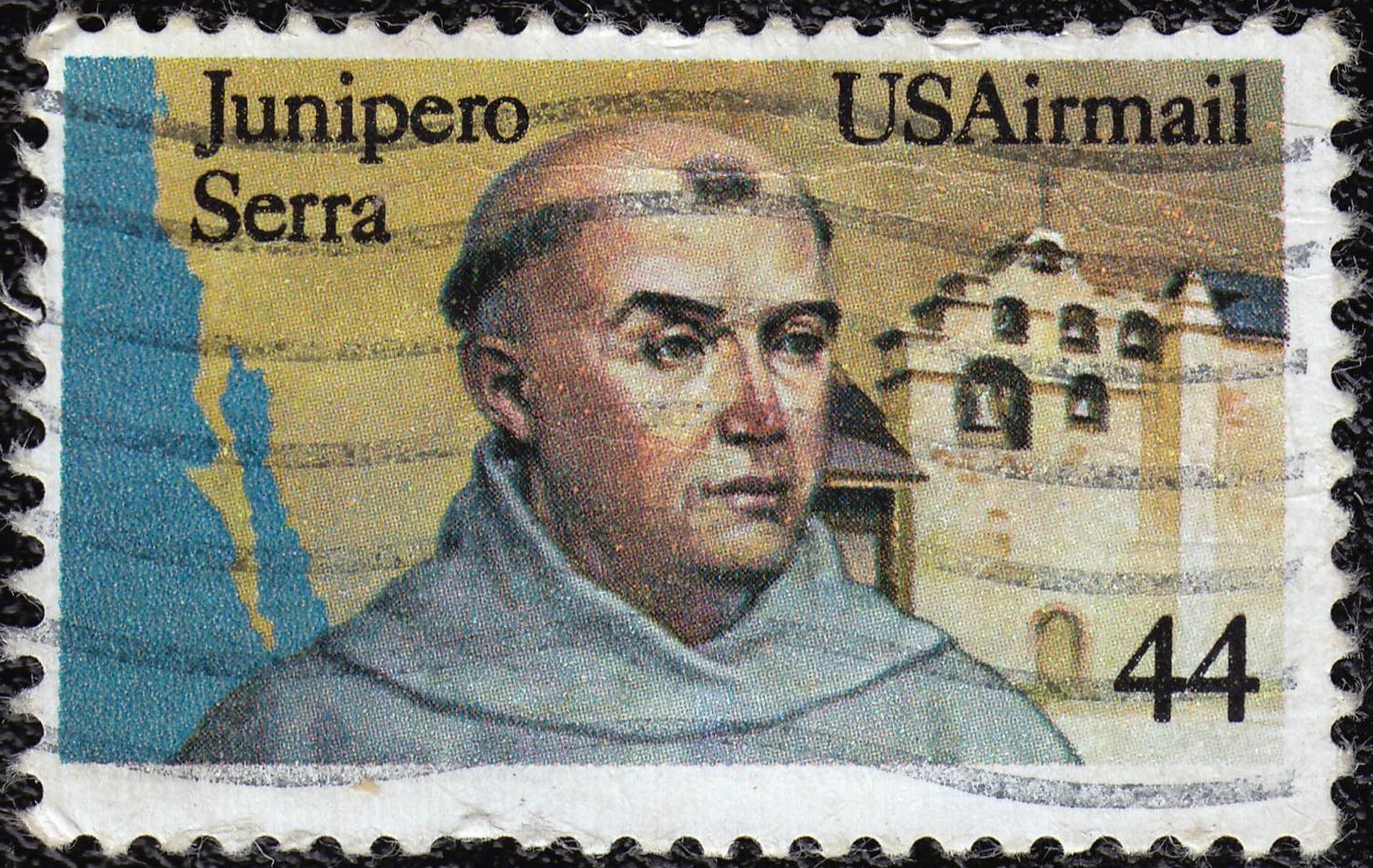 Le bienheureux Junipero Serra représenté sur un timbre de l'USAirmail (photo Wikimedia commons)