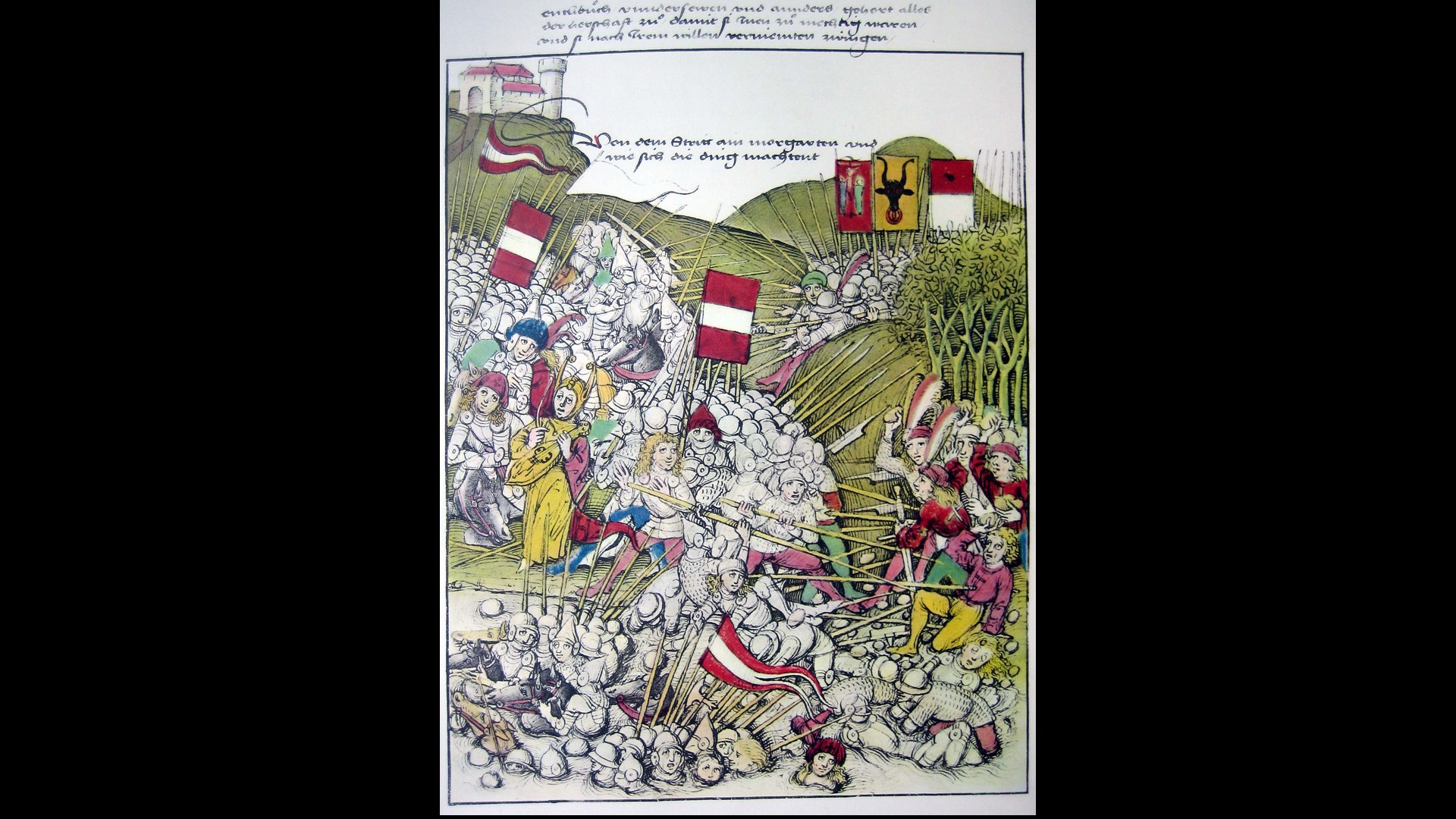 La bataille de Morgarten en 1315, dans la Chronique bernoise de Diebold Schilling 