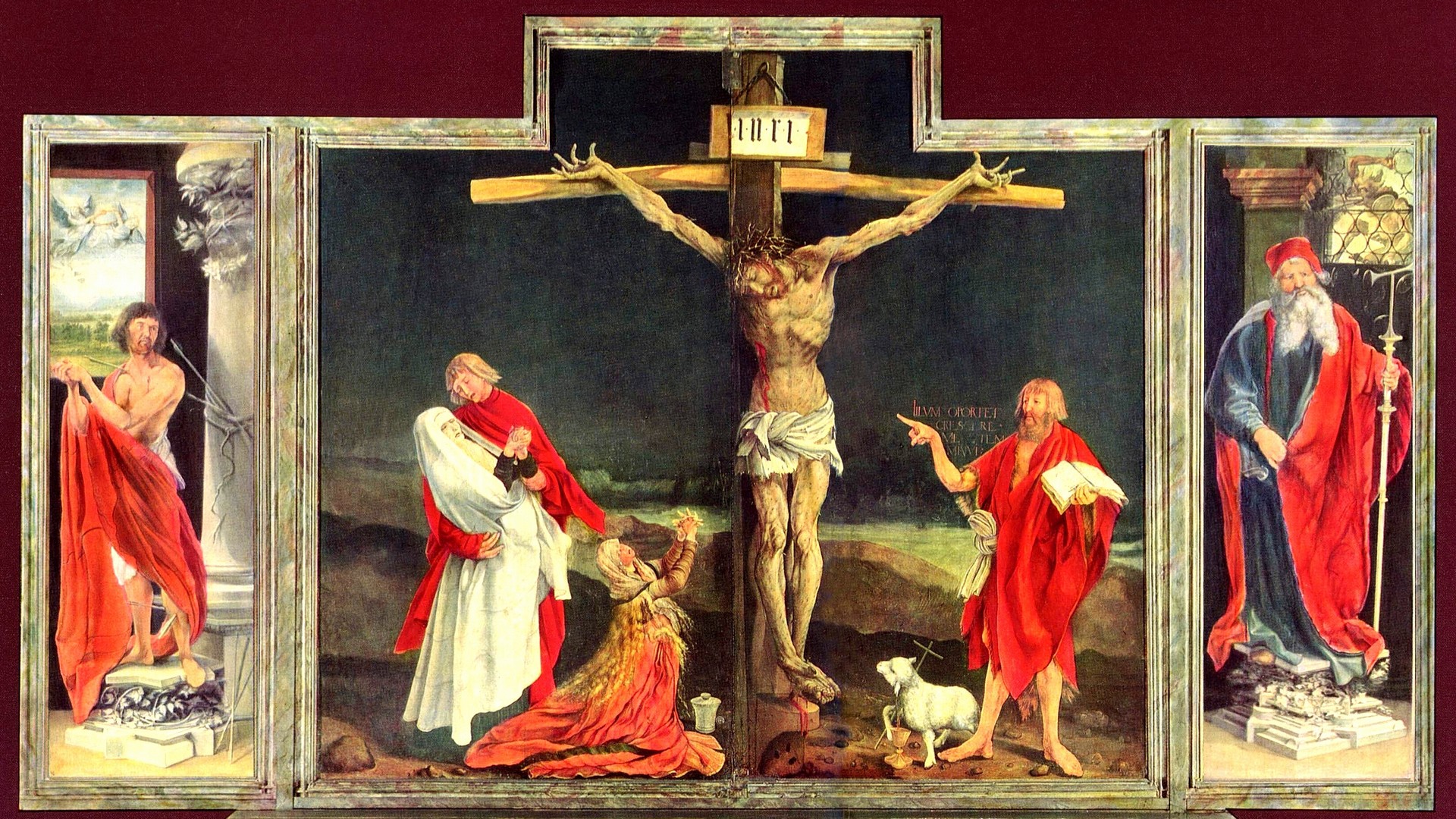 Pour René Girard, ce qui nous est offert dans la Passion, c'est la possibilité de construire une nouvelle forme d’unité, totalement libérés de la violence. La crucifixion de Jésus, par le peintre Matthias Grünewald, retable d'Issenheim (1512-1516) | © domaine public