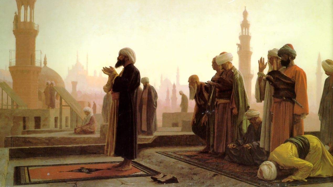 Un imam dirige la prière des musulmans au Caire. Toile de Jean-Léon Gérôme 1865. (domaine public) 