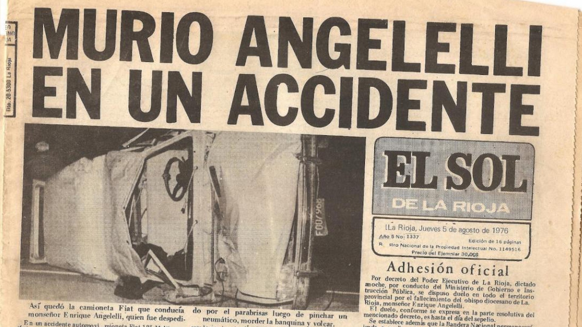 Le journal 'El Sol de La Rioja' du 5 août 1976 annonçant la mort dans un accident de l'évêque Mgr Enrique Angelelli 