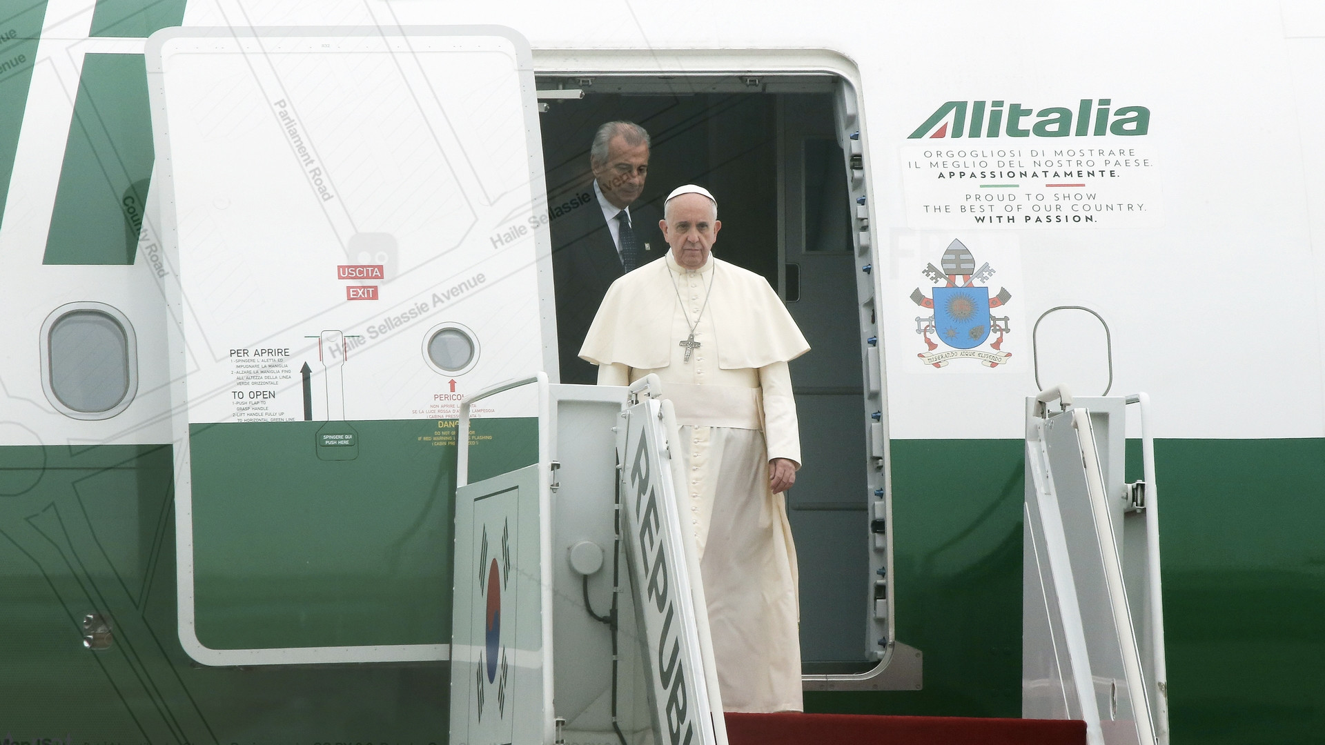 Le pape François à son arrivée en Corée du Sud, août 2014 (Illustration: cath.ch)