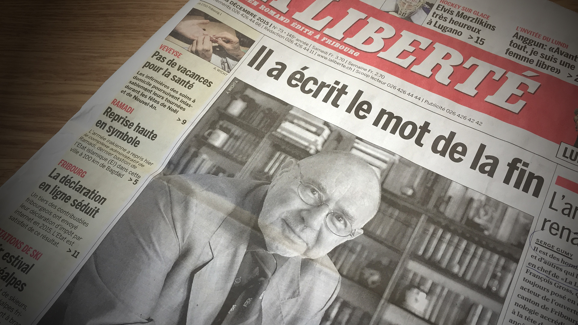 François Gross en Une du quotidien fribourgeois La Liberté, 28 décembre 2015 (Photo: Pierre Pistoletti)