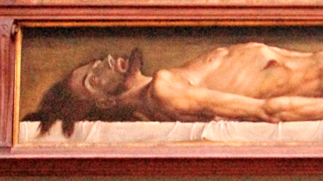 Le tableau de Hans Holbein le jeune "Le Christ mort au tombeau" (1521) est présenté au Kunstmuseum de Bâle (détail)