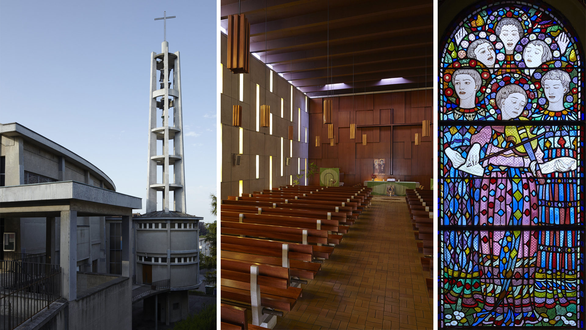 L'église St-Nicolas de Flüe, le temple de Montriond et vitrail de l'église St-Jean de Cour (Photos: Jeremy Bierer)