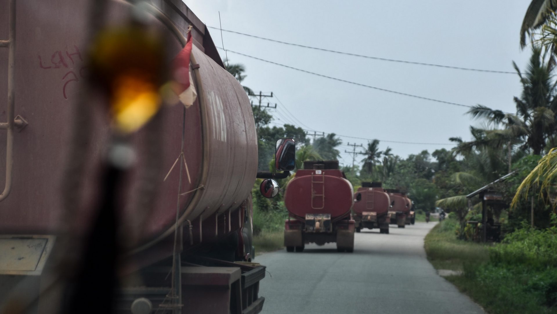 Chacun de ces camions en route vers la côte du Kalimantan en Indonésie contient 8'000 litres d'huile de palme. (photo PPP Migues Baumann)