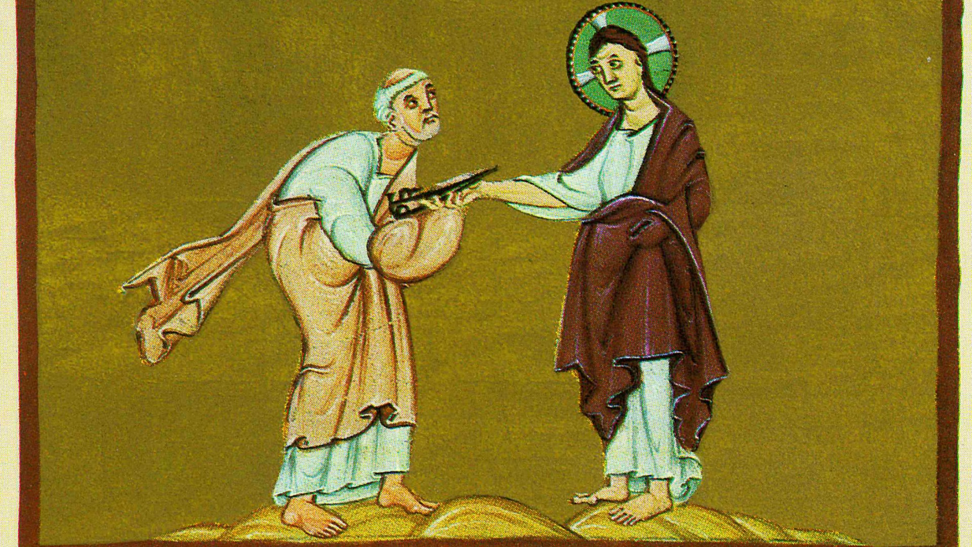 "Je te donnerai les clés du royaume des Cieux". Mt 16, 19. (Illustration: Le pouvoir des clés confié à saint Pierre - Munich, Staatsbibliothek)
