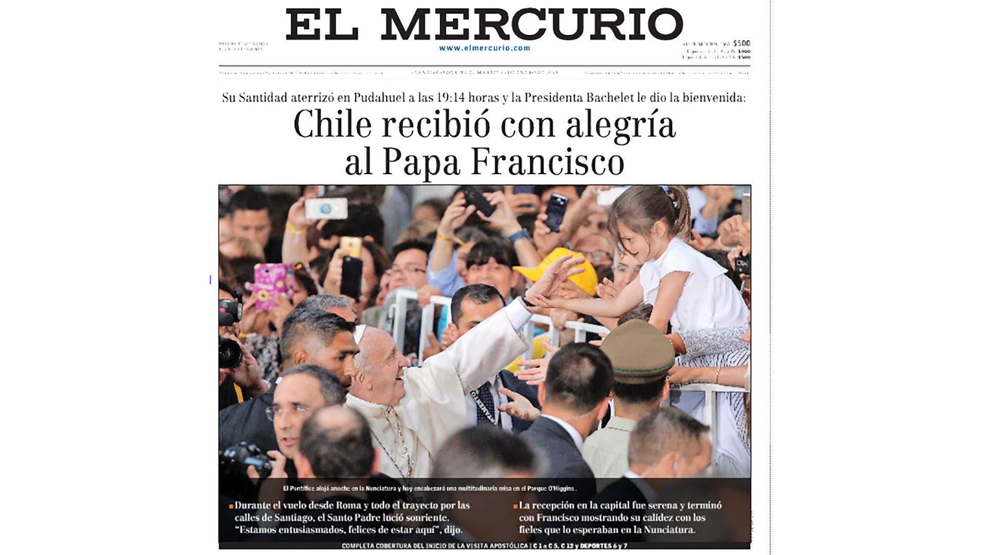 “Le Chili reçoit le pape François avec joie”, titre El Mercurio, un des plus grand quotidiens du Chili | capture d'écran