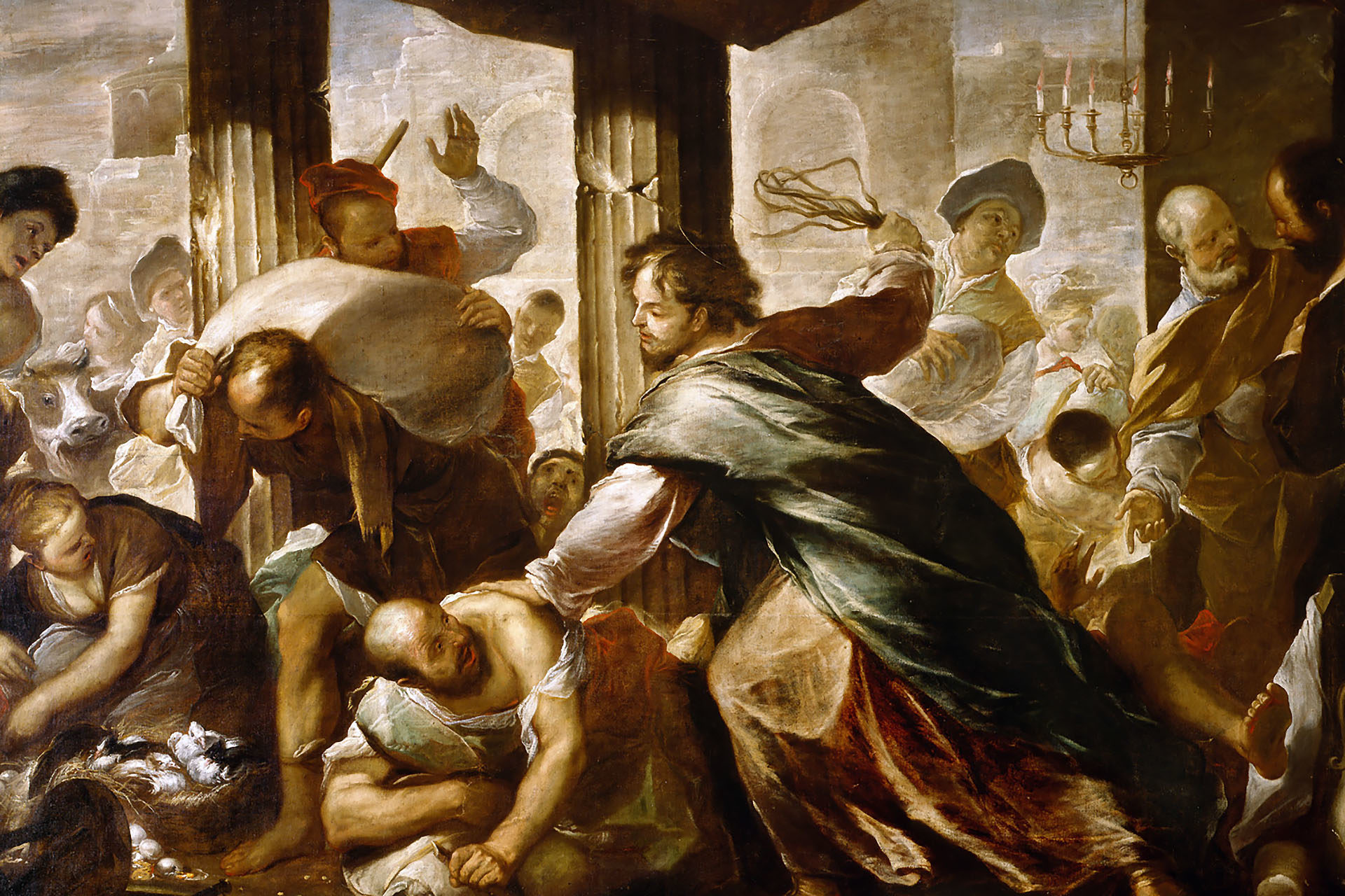 Le Christ chasse les marchands du temple.  Luca Giordano, huile sur toile. 2e moitié du 17e siècle| Domaine public.