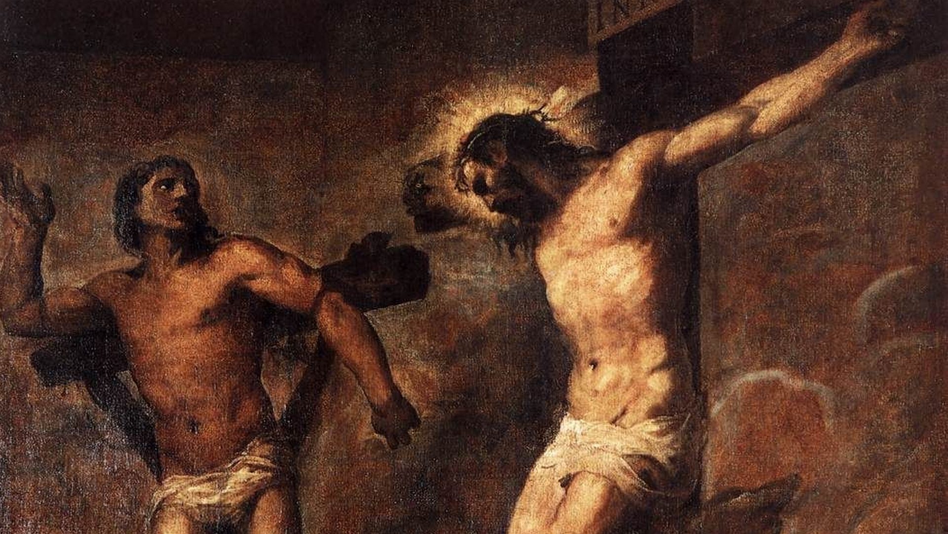 Cloué sur la croix, Jésus crie: "J'ai soif"  | Le Titien, "Jésus-Christ et le bon larron", vers 1563,   Pinacothèque Nationale, Bologne, 