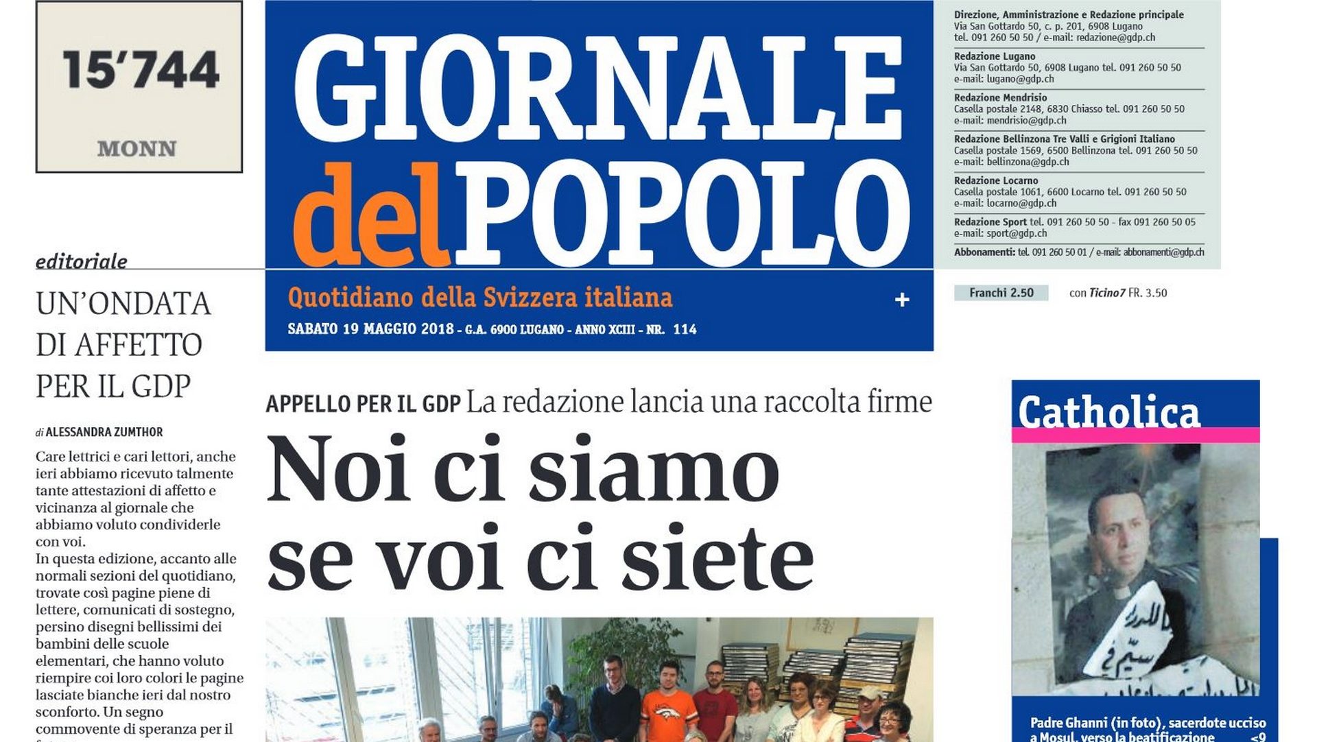 La rédaction du 'Giornale del Popolo' a lancé un appel pour sa survie 