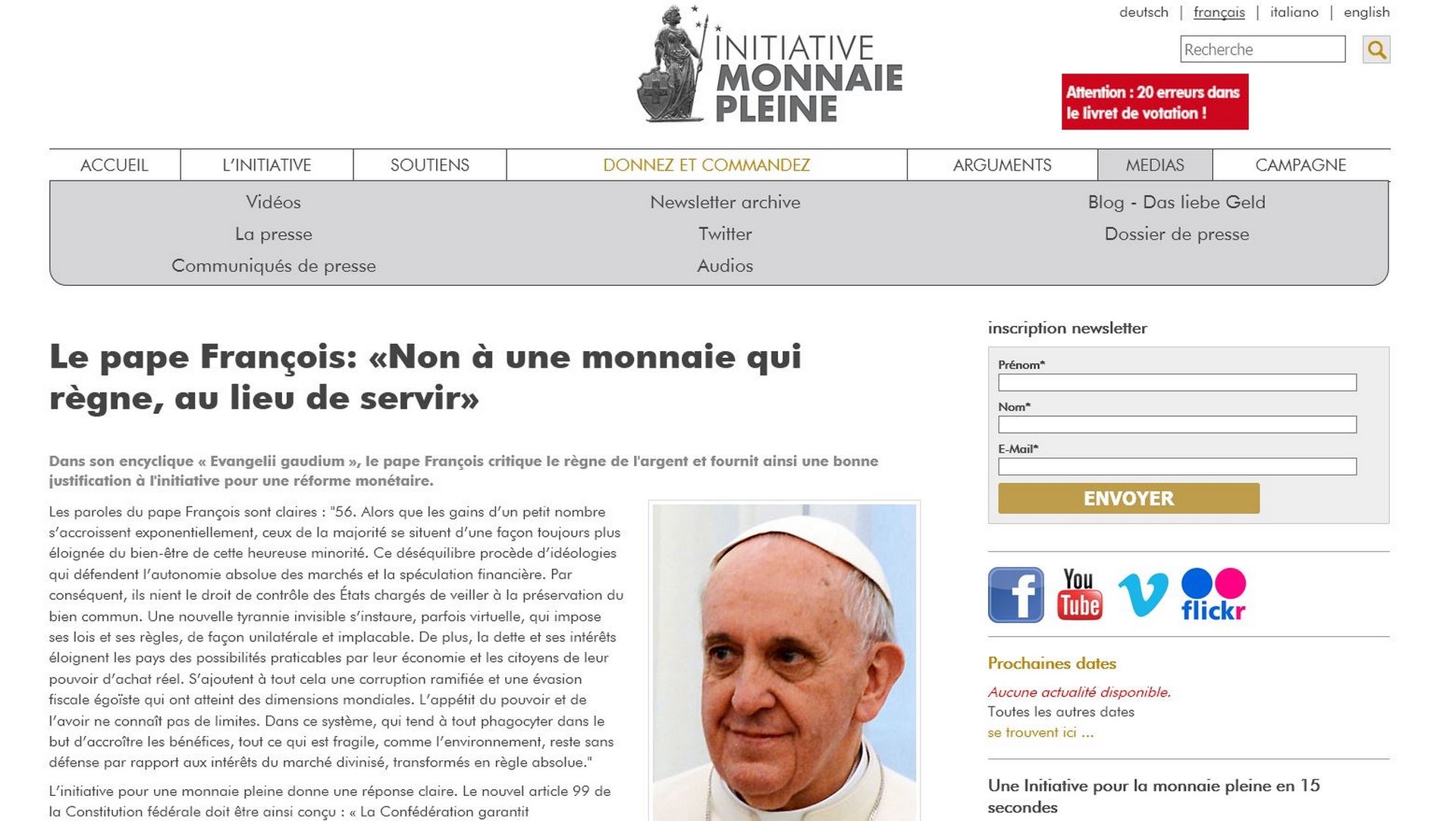 Le pape François soutiendrait l'initiative 'Monnaie pleine' ? 