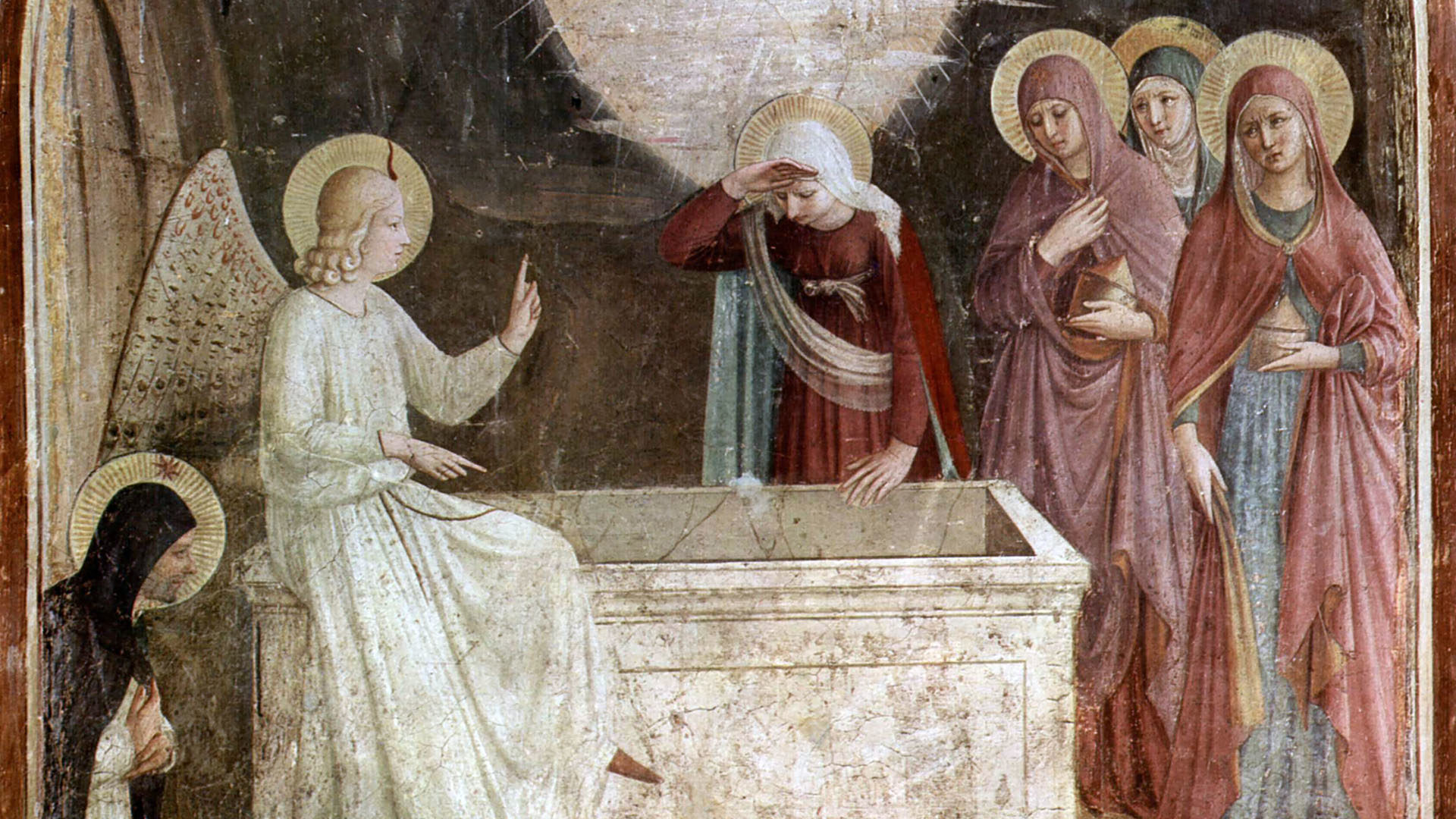 “La découverte du tombeau vide“. Par Fra Angelico, fresque vers 1437-1446, détail. Musée national San Marco, Florence. | Domaine public.