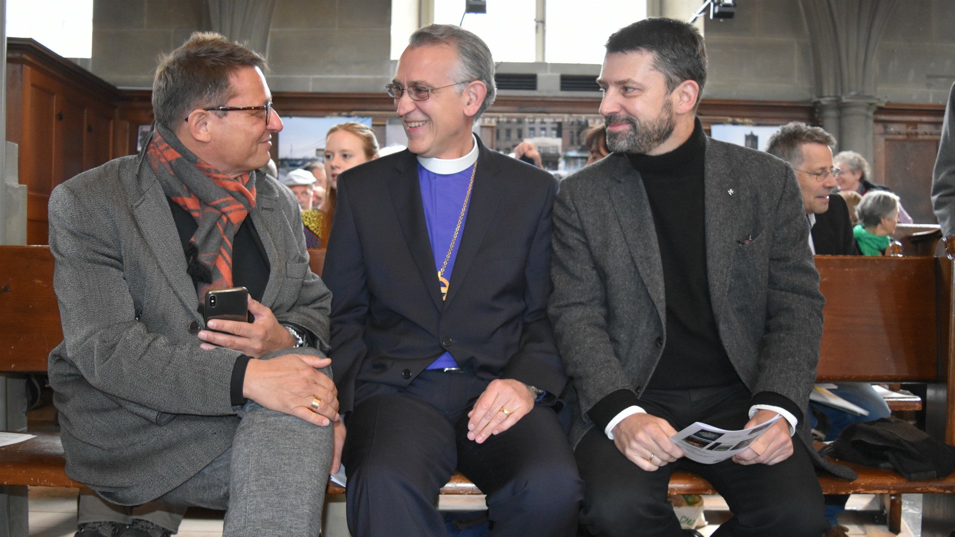 Mgr Felix Gmür, avec Mgr Harald Rein, président du Conseil suisse des religions (CSR), et Gottfried Locher, président de l'EERS | © Jacques Berset