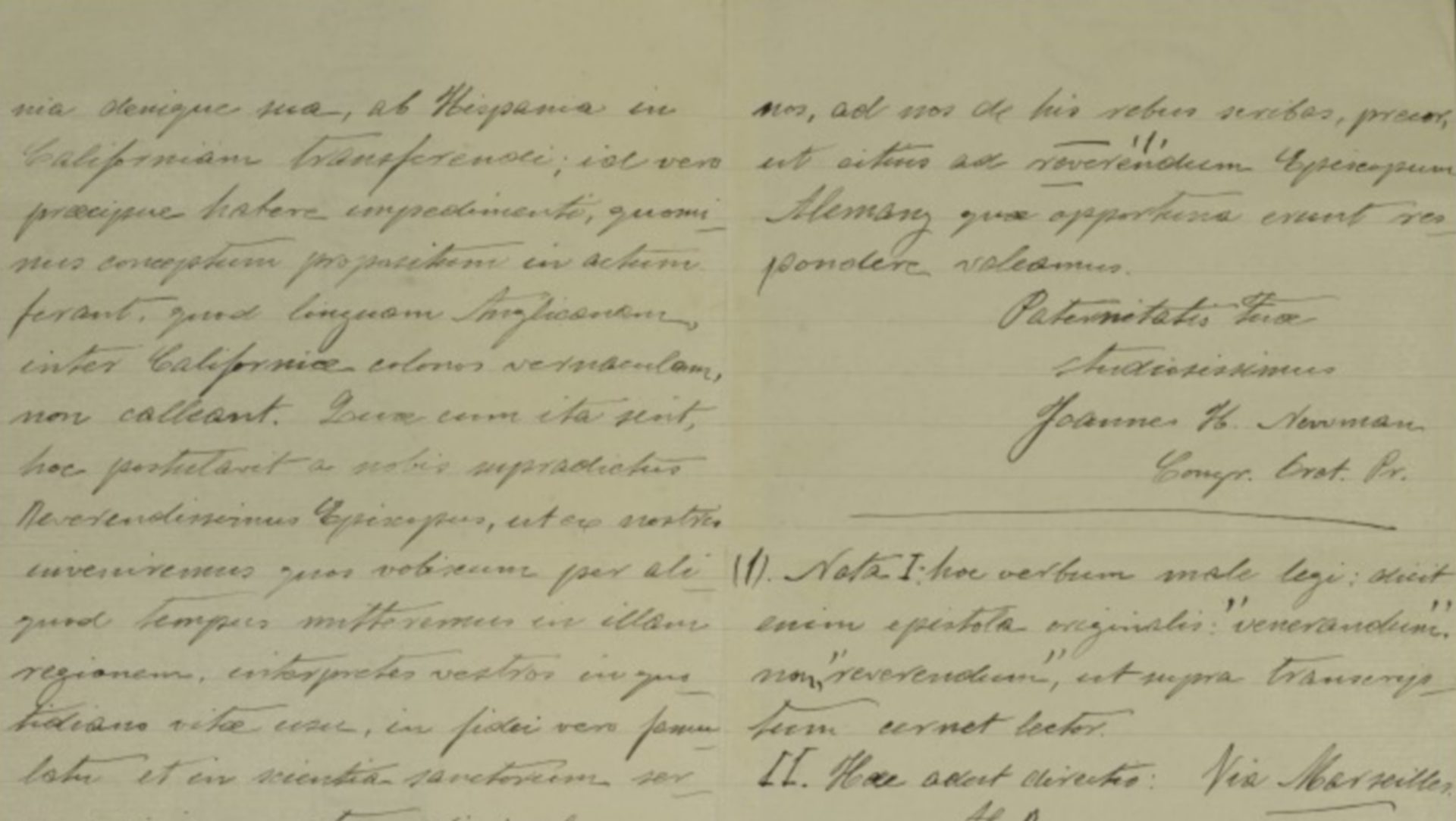 extrait d'une lettre en latin du cardinal Newman datée de 1850 | National Institute for Newman Studies 