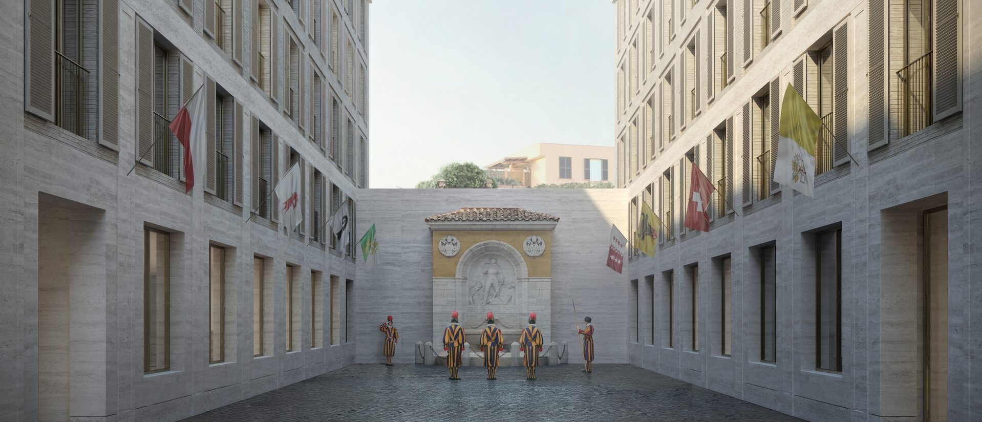 Une projection de la cour de la future caserne de la Garde suisse au Vatican | © Durisch + Nolli 