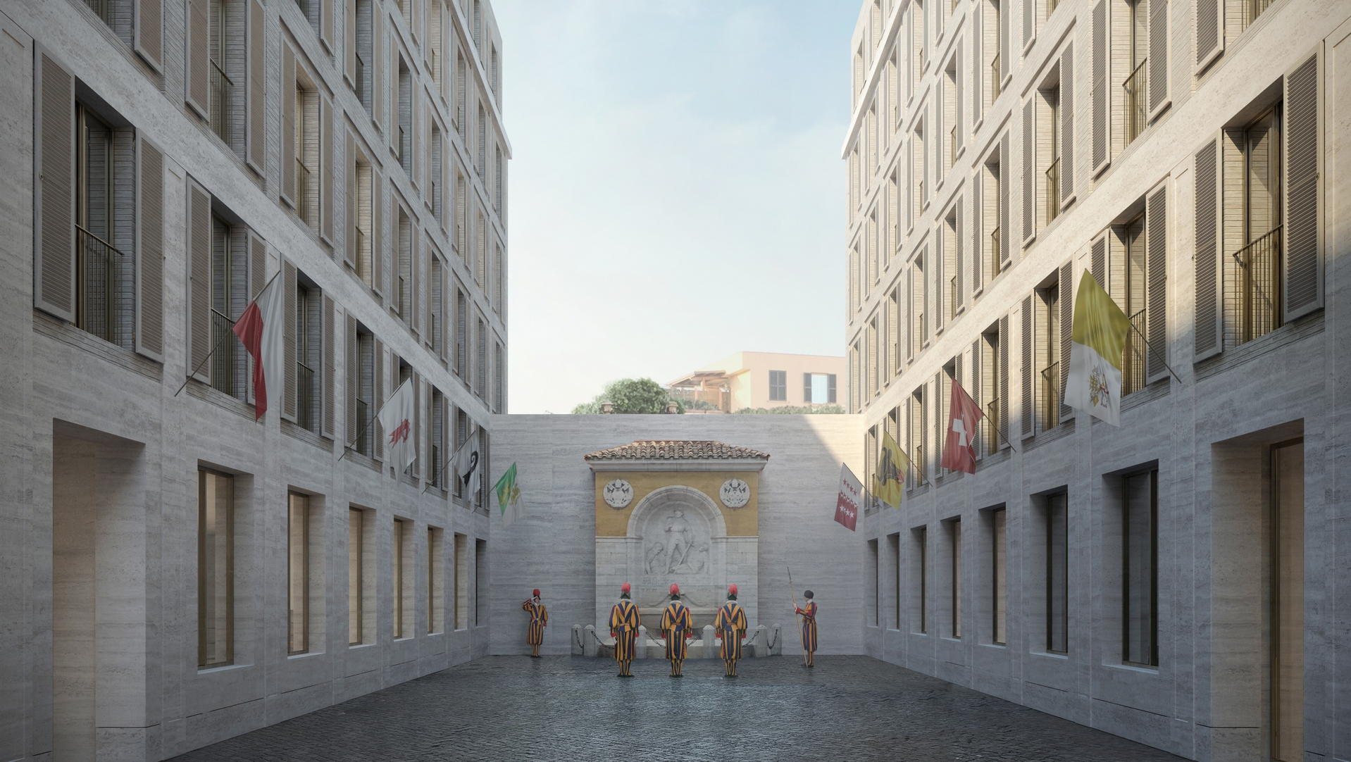Une projection de la cour de la future caserne de la Garde suisse au Vatican | © Durisch + Nolli 