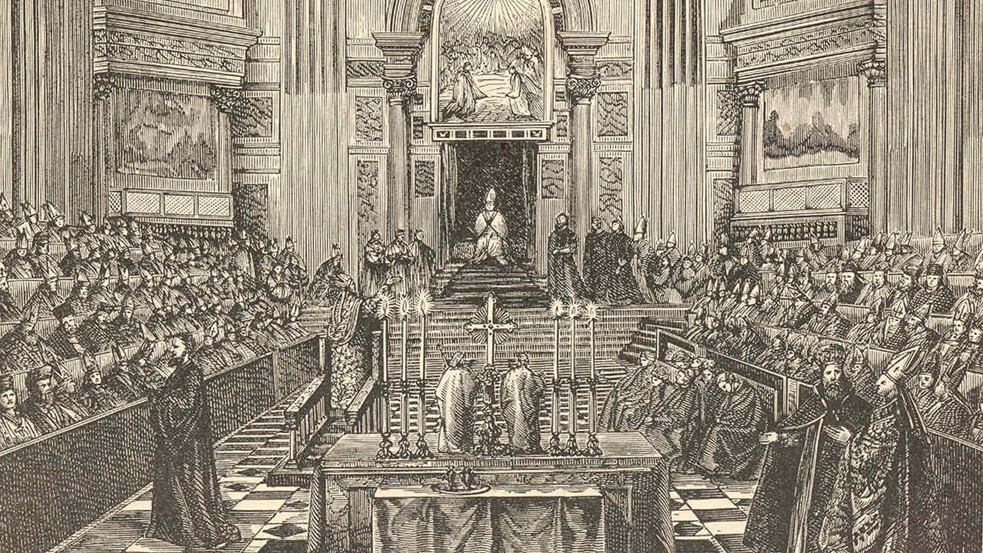 Les pères du Concile Vatican I réunis dans la basilique St-Pierre | gravure d'époque 


