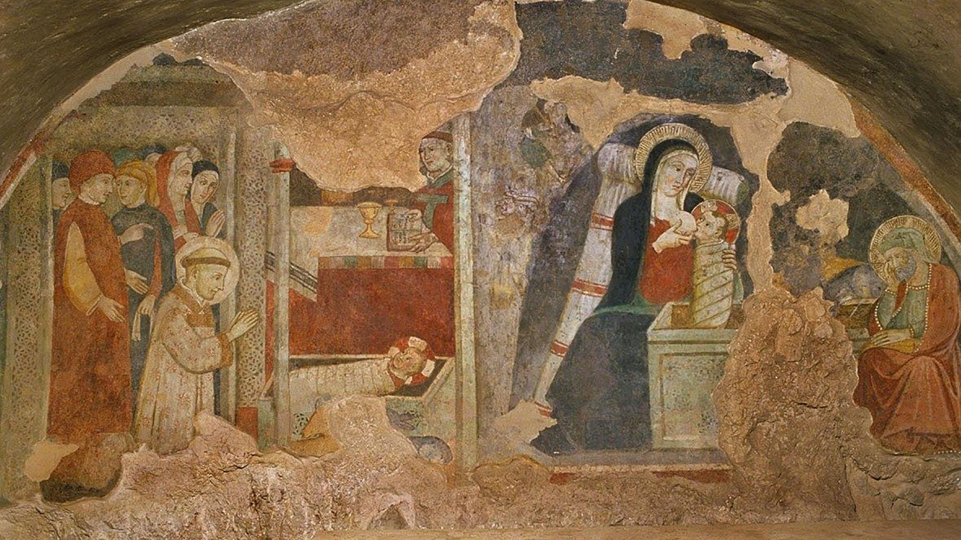 Crèche de la chapelle de Greccio Fresque d'un auteur giottesque du 14e siècle avec la Vierge allaitant Jésus et Joseph méditant | Vatican Media