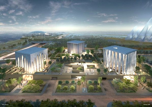 Projet de la 'Maison d'Abraham', composé d'une église, d'une mosquée et d'une synagogue, prévu pour 2022 sur l’île de Sadiyaat, à Abou Dhabi /DR