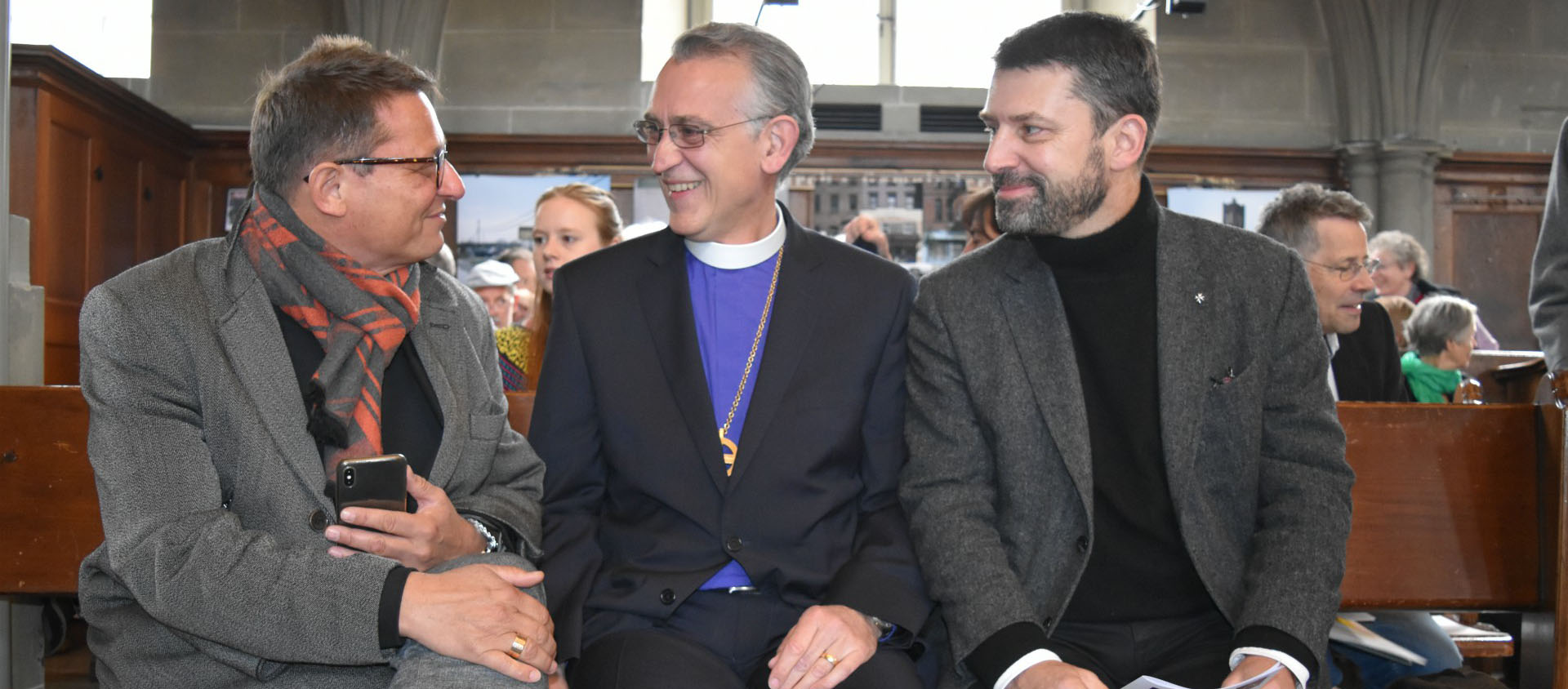 Mgr Felix Gmür, avec Mgr Harald Rein, président du Conseil suisse des religions (CSR), et Gottfried Locher, président de l'EERS | © Jacques Berset
