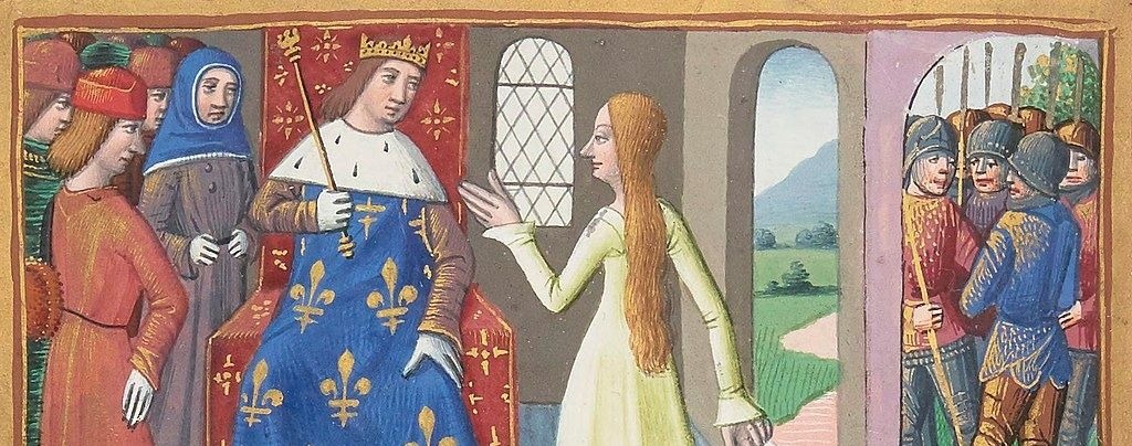 Jeanne d'Arc convainc le roi Charles VII et son Conseil de poursuivre le siège de Troyes. Enluminure du manuscrit de Martial d'Auvergne, vers 1484