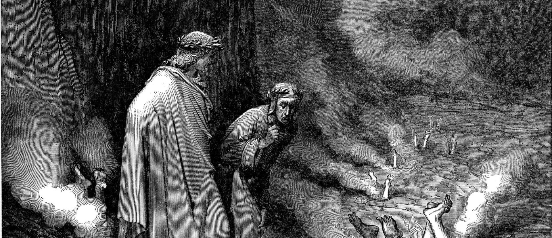Dante parlant au pape Nicolas III (Giovanni Gaetano Orsini) | gravure de Gustave Doré (1861)