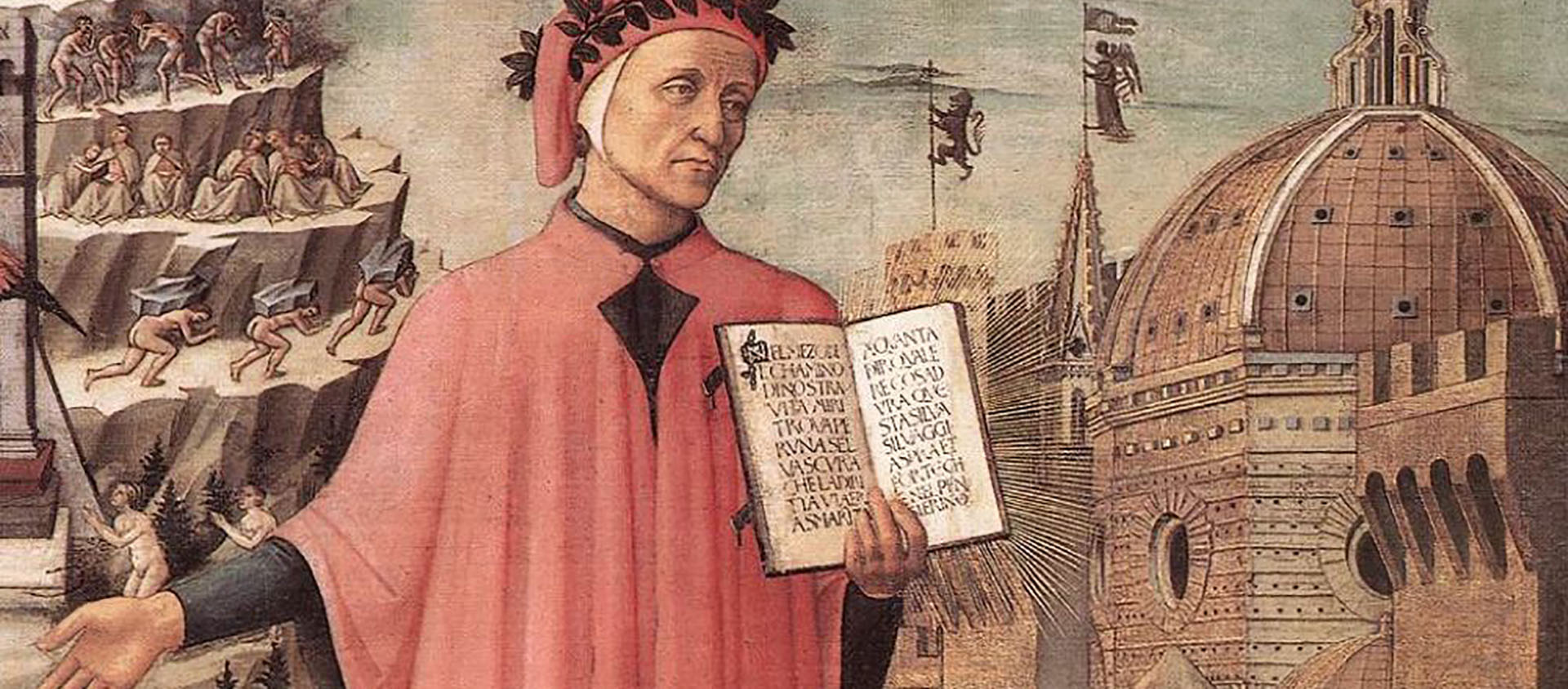 Peinture du peintre italien Domenico di Michelin (14171491) représentant Dante en équilibre entre la montagne du purgatoire et la ville de Florence | Creative Commons