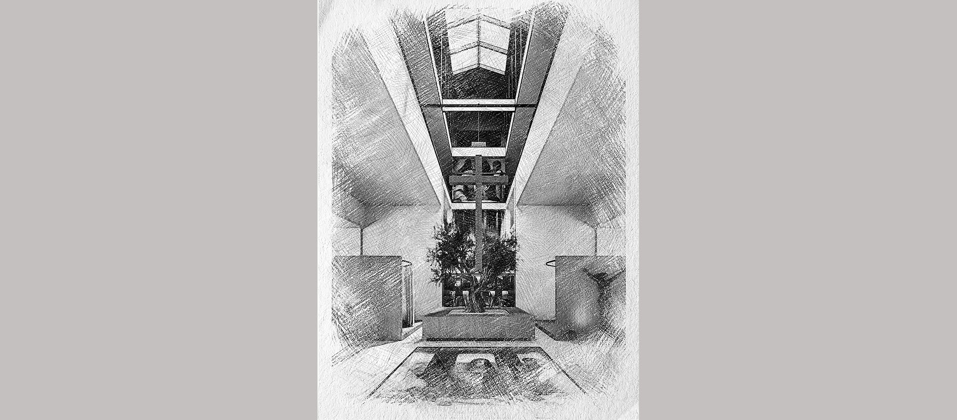 Dans le projet, une colonne de lumière descend du toit, avec une ouverture vitrée de 120m2, jusqu’à la crypte, au sous-sol | © Atelier ribo+
