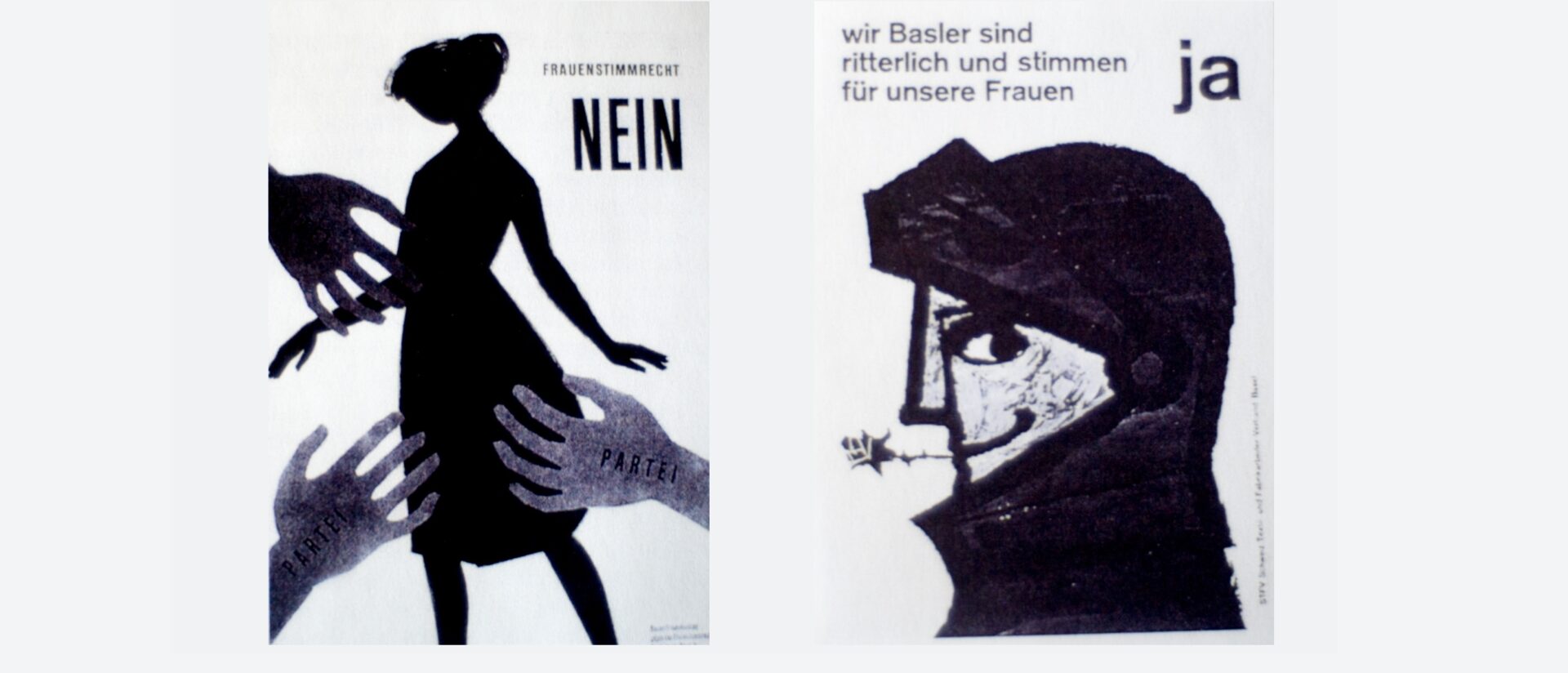 En 1959, le oui et le non au suffrage féminin jouent sur les mêmes codes. "Nous les Bâlois nous somment chevaleresques et nous votons pour nos femmes" 