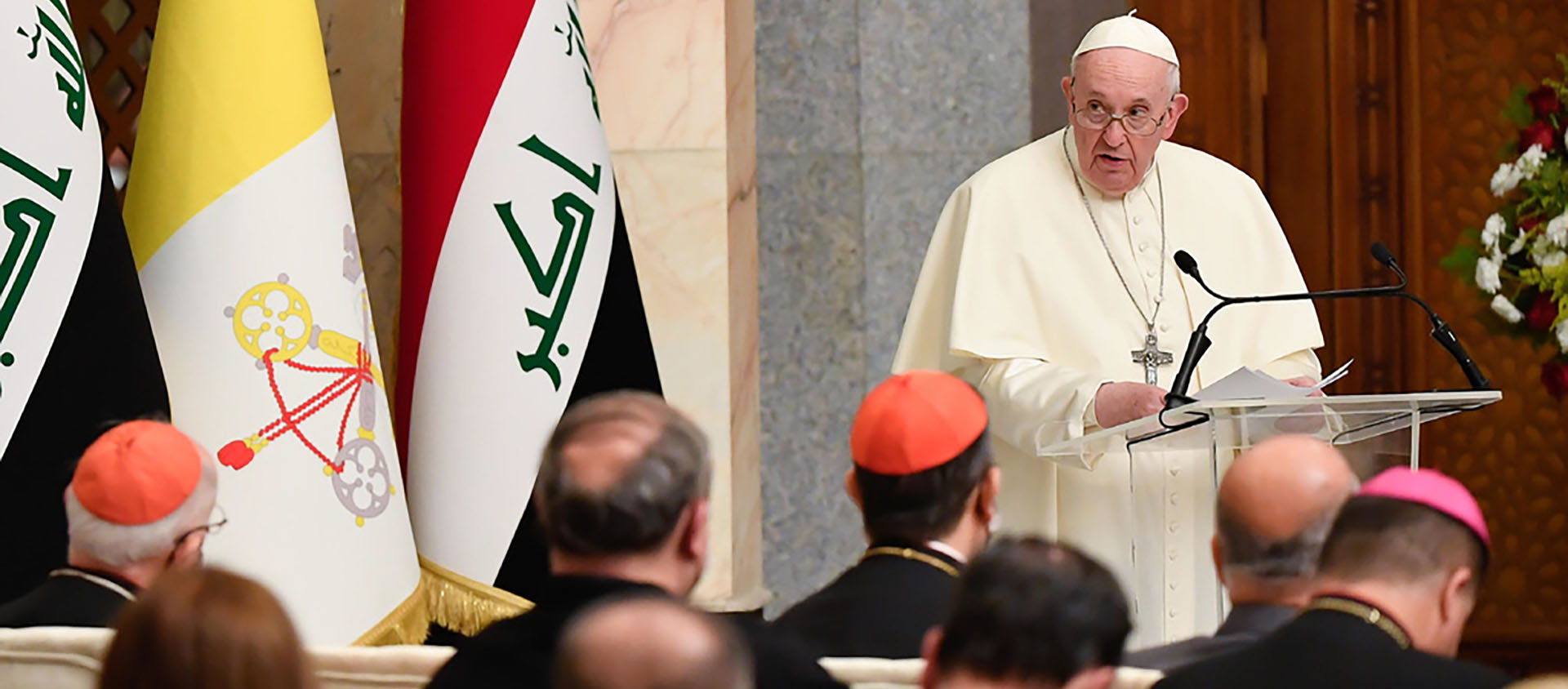 «Que se taisent les armes! Que la diffusion en soit limitée, ici et partout!", a lancé le pape, lors de son premier discours prononcé au palais présidentiel à Bagdad | © Keystone/EPA 