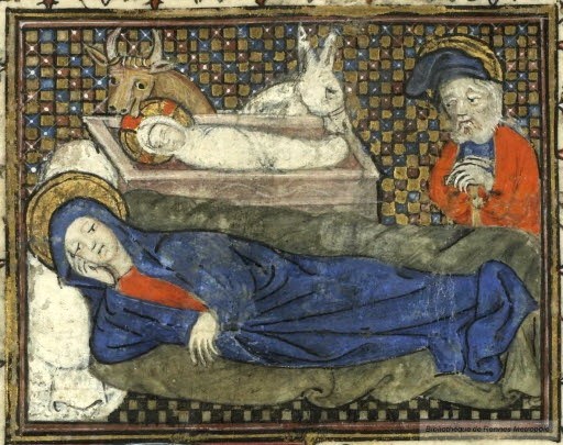 Au Moyen-Age, Joseph apparaît souvent comme un vieillard fatigué | Nativité enluminure vers 1390 