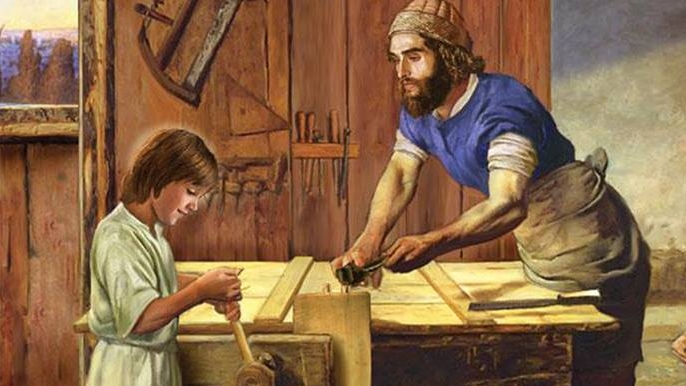 L'Enfant-Jésus aide son père Joseph dans son atelier, image pieuse des années 1950 