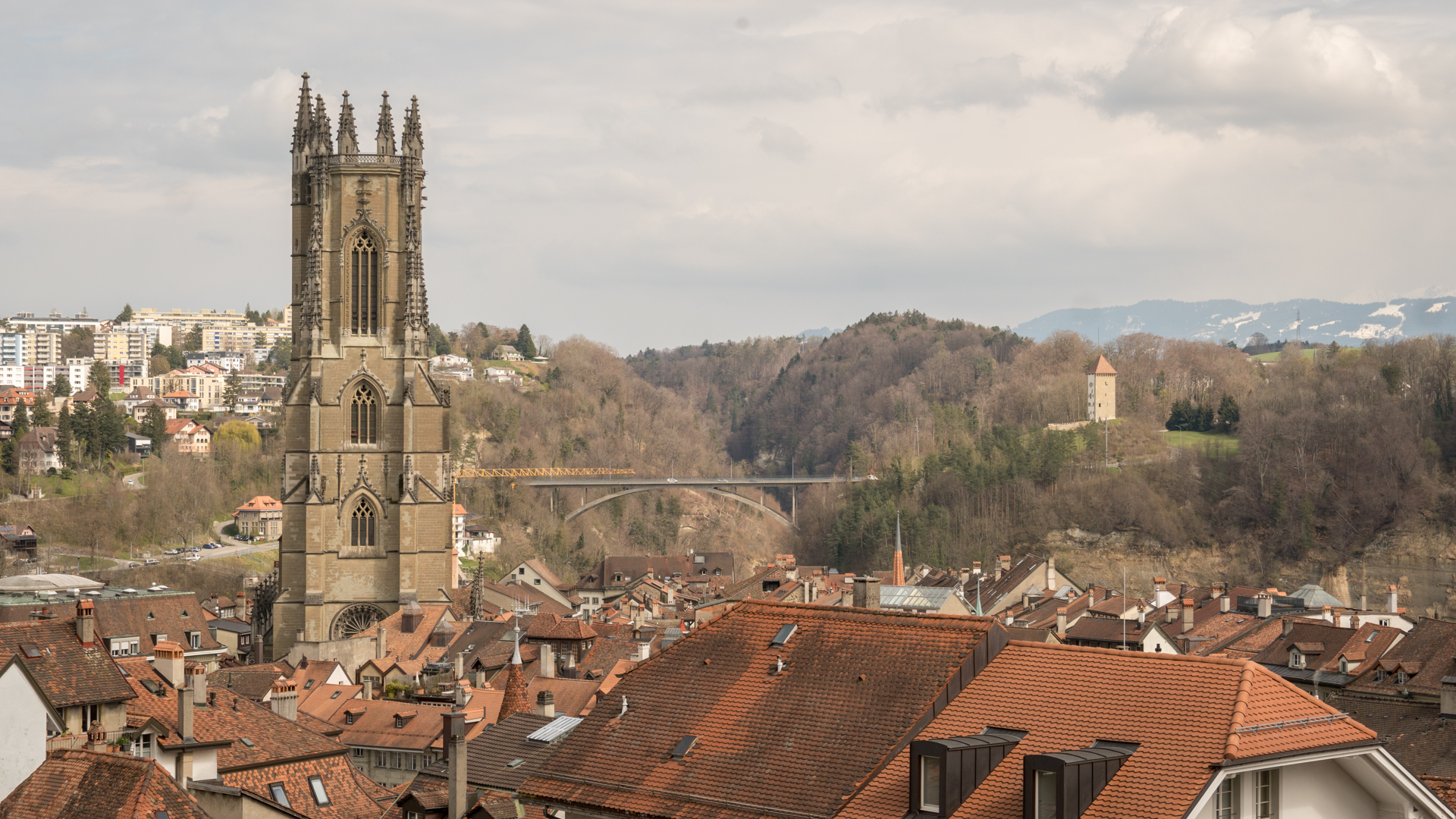 Cathédrale Saint-Nicolas, à Fribourg, vue du Collège St-Michel | © Maurice Page 