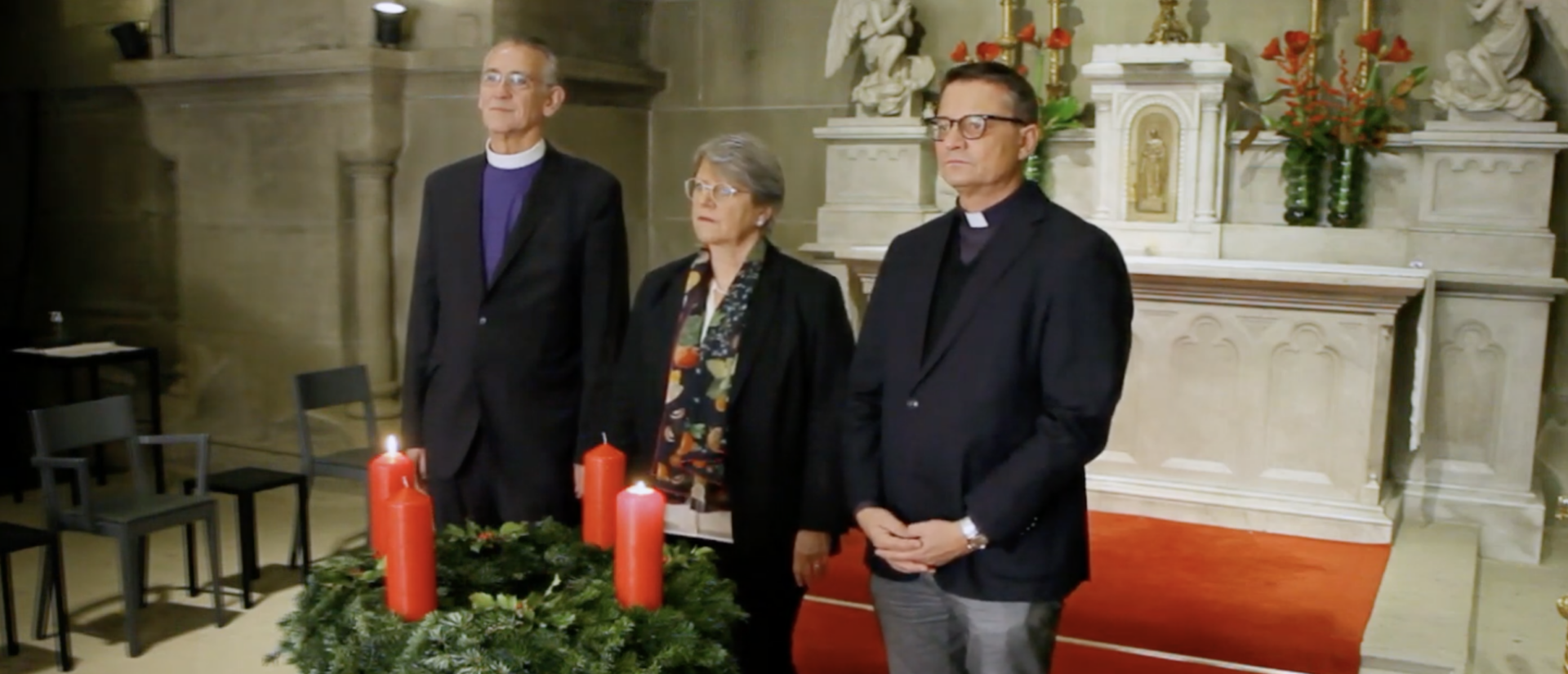 Les "trois visages" des Eglises nationales en Suisse donnent leurs voeux de Noël (de g. à d.) Harald Rein, évêque catholique-chrétien, Rita Famos, présidente de l'EERS, Mgr Felix Gmür, président de la CES | capture d'écran YouTube