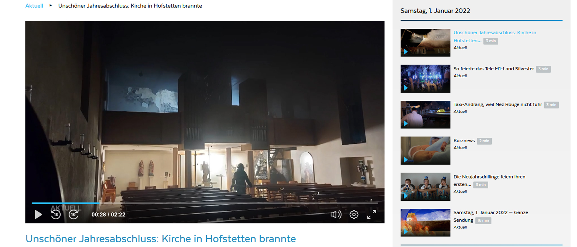 L'église catholique d'Hofstetten (SO) a été endommagée par un incendie le 31 décembre 2021 | capture d'écran
