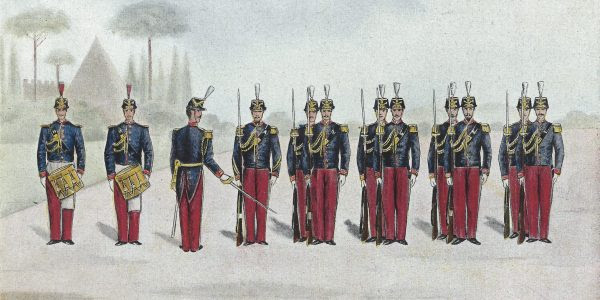 La Garde palatine en uniforme complet peu avant 1970, dessinée par le chanoine Camillo Viviani (1890) (Domaine public)