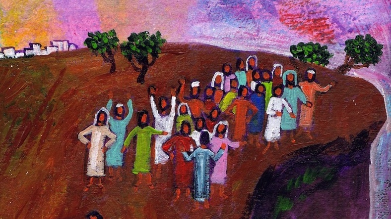 Ils se levèrent,
poussèrent Jésus hors de la ville,
et le menèrent jusqu’à un escarpement
de la colline où leur ville est construite | © Berna/Evangile et peinture