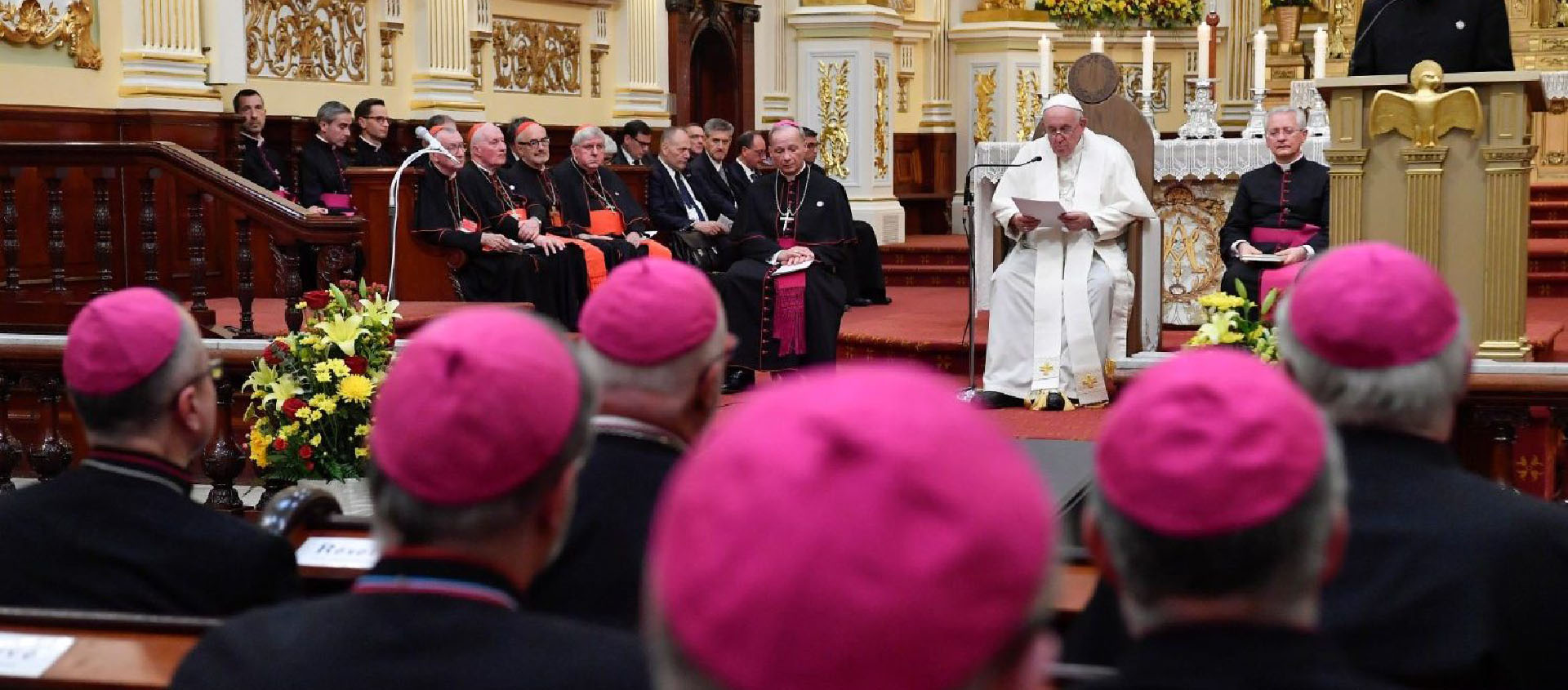 Le pape et les évêques canadiens lors des vêpres, le 28 juillet dernier à la basilique-cathédrale Notre-Dame de Québec | © Vatican Media