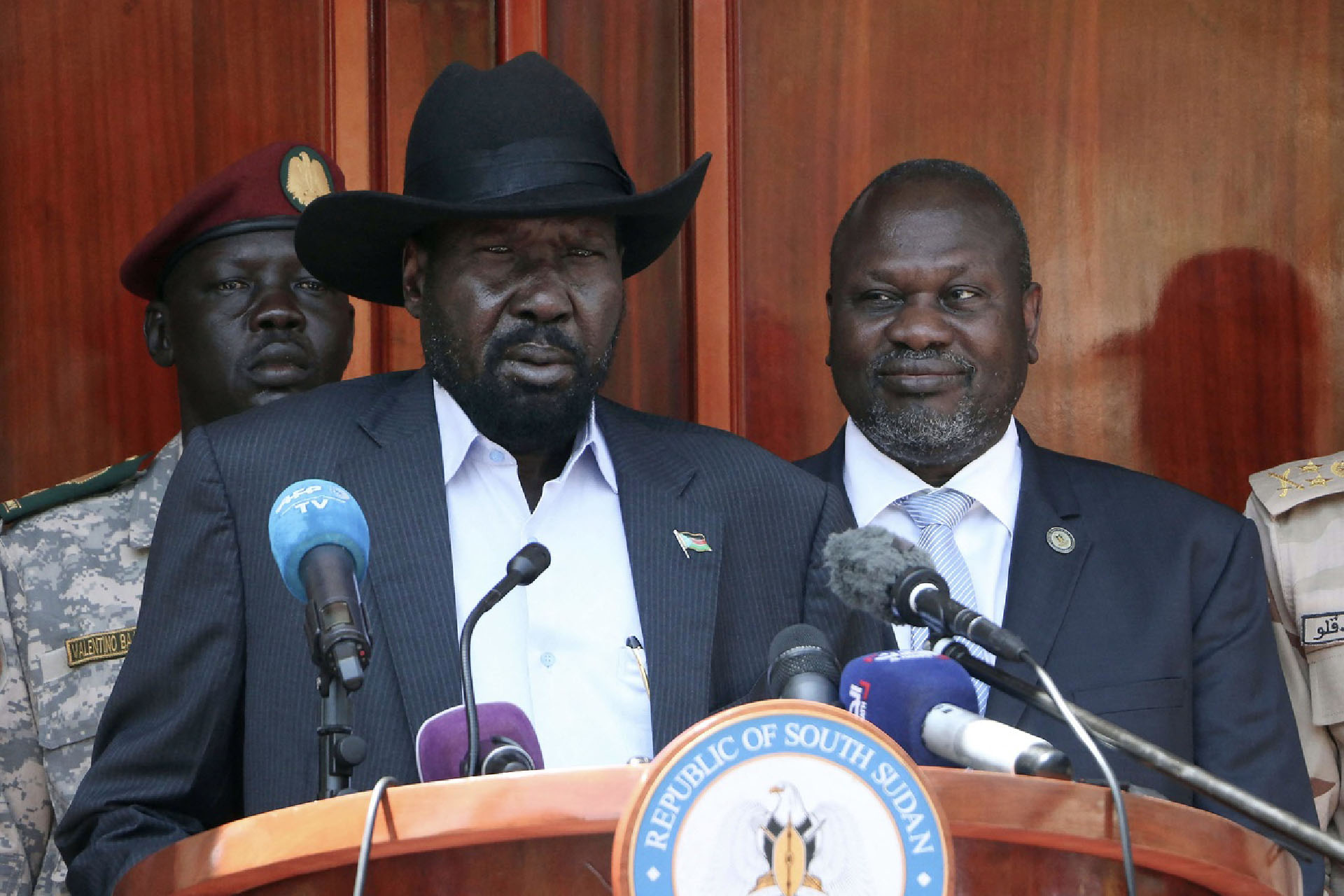 Le président Salva Kiir et le vice-président Riek Machar, le 20 février 2020 | © Peter Louis/AFP/Keystone