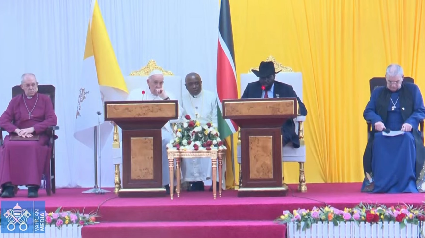 Le président du Soudan du Sud, Salva Kiir, reçoit le pape François, le primat de l'Eglise anglicane Justin Welby et le modérateur de l'Eglise d'Ecosse Iain Greenshields | capture d'écran Vartican Media