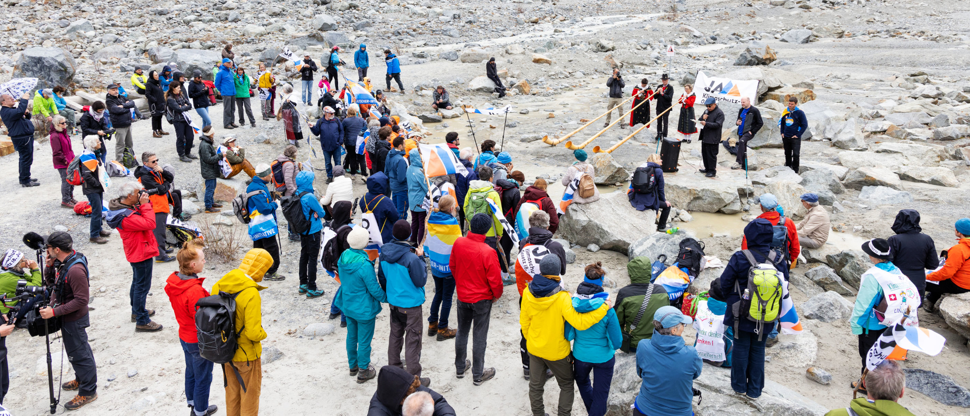 Une manifestation, le 20 mai 2023 à Morteratsch (GR), a sensibilisé sur le recul spectaculaire des glaciers | © Andrea Furger/Action de Carême