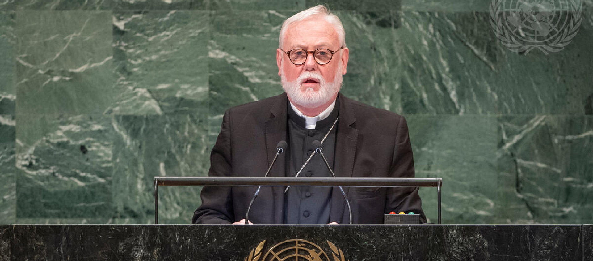 Mgr Paul Richard Gallagher, ministre des Affaires étrangères du Saint-Siège, ici en 2018 devant l'ONU | © UN Photo/Cia Pak 