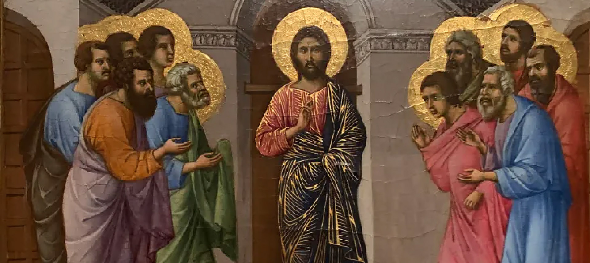 Jésus leur dit:
«Pourquoi êtes-vous bouleversés?" | Première apparition du Christ aux apôtres/Détail. Duccio di Buoninsegna. Peinture sur bois. Entre 1308 et 1311.
