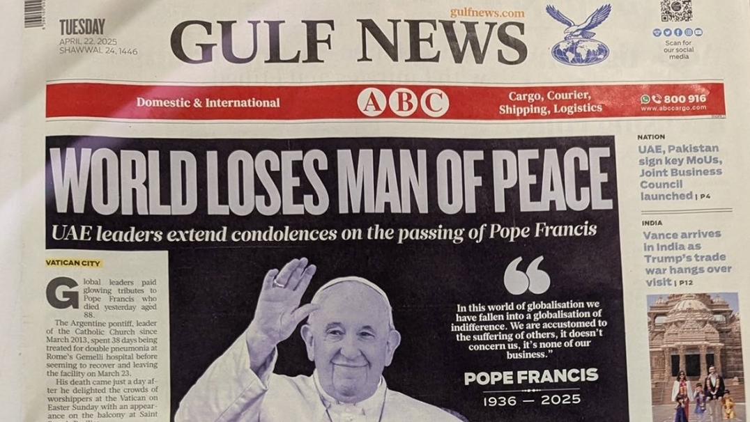 Le pape François a fait la une du journal anglophone 'Gulf News' | capture d'écran 