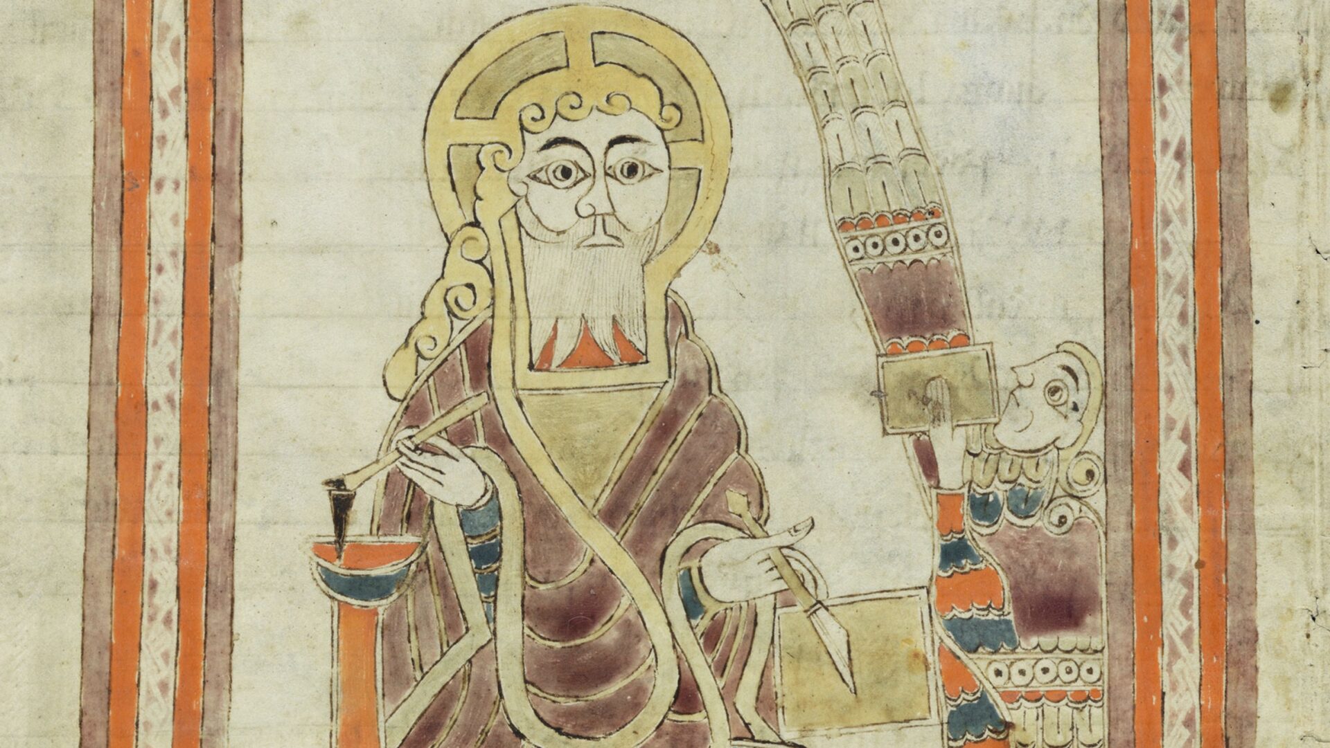 Détail montrant saint Matthieu appliquant un couteau de scribe ou un grattoir sur une page et trempant sa plume dans un encrier (Cod. Sang. 1395, p. 418) | © Stiftsbibliothek, Saint-Gall