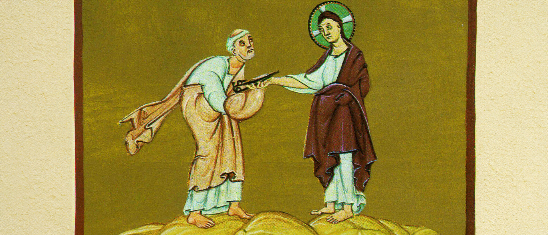 "Je te donnerai les clés du royaume des Cieux". Mt 16, 19 | Illustration: Le pouvoir des clés confié à saint Pierre - Munich, Staatsbibliothek