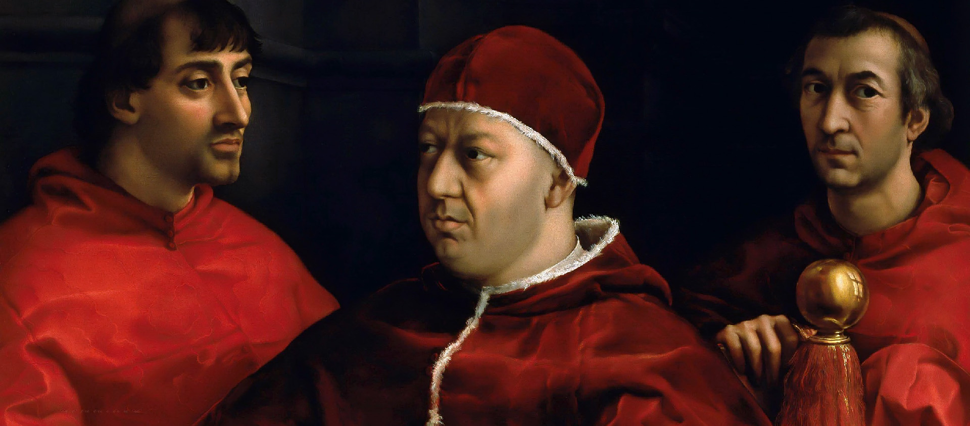 Portrait de Léon X et de ses cousins, les cardinaux Luigi de Rossi et Guilio de Medicis par Raphaël, 1518. Huile sur toile | Wikipedia - Domaine public