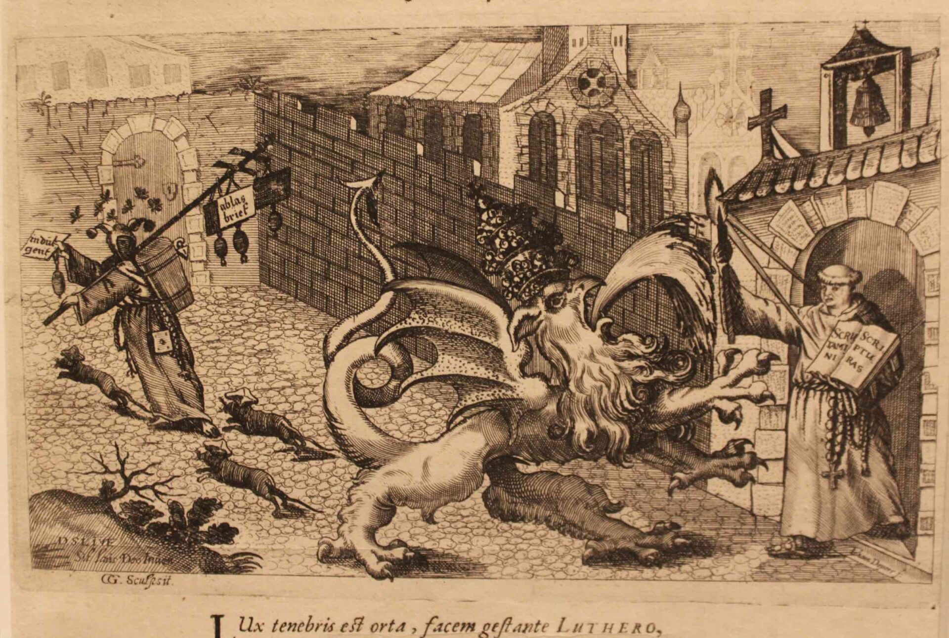 Dessin pamphlétaire montrant le triomphe de la Réforme luthérienne, représentée par Martin Luther, en moine, sur la papauté symbolisée par le lion et par la vente des indulgences | © Bernard Litzler