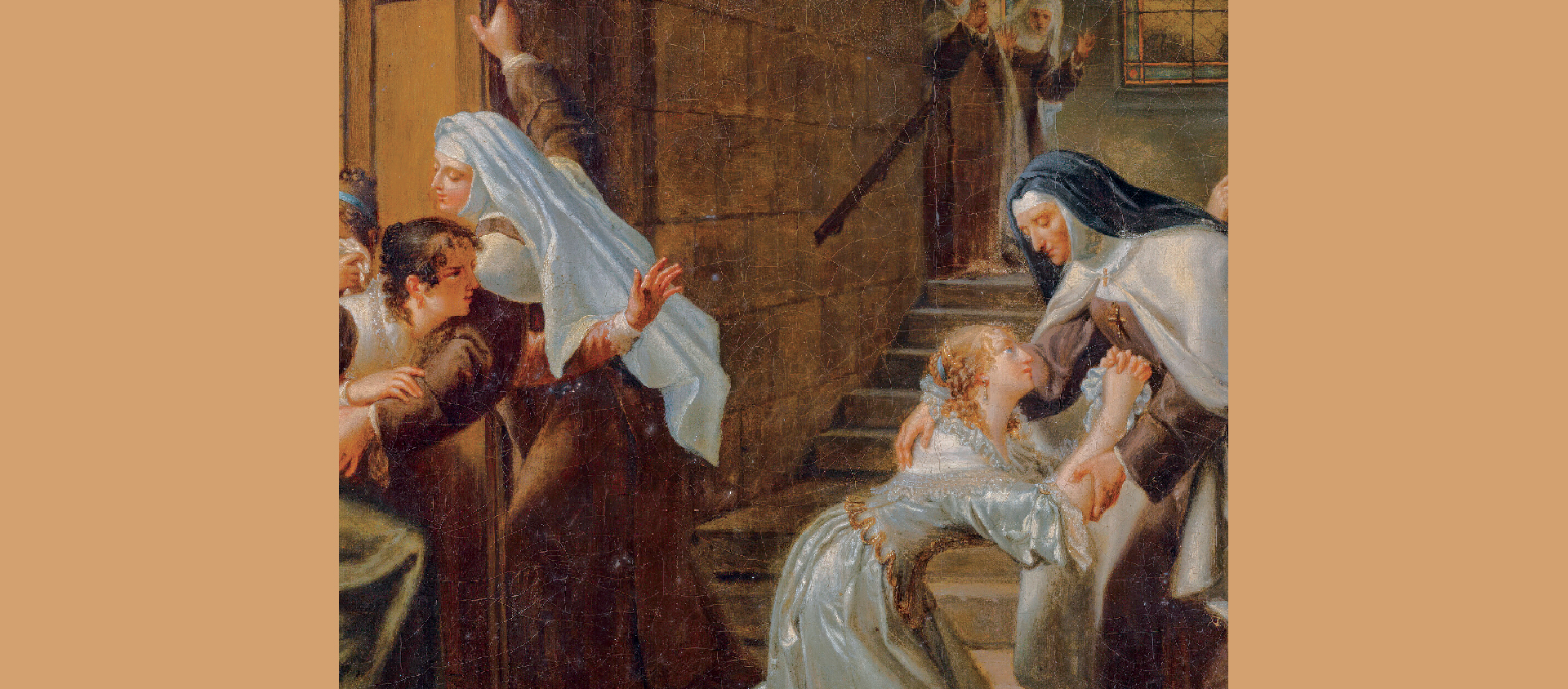 Certains parents s'opposent à la volonté de leur fille par affection, vu la rupture familiale que suppose l'entrée en religion | © CNRS Edition. "L'entrée au couvent", détail. Ecole française du XIXe siècle. Collection particulière